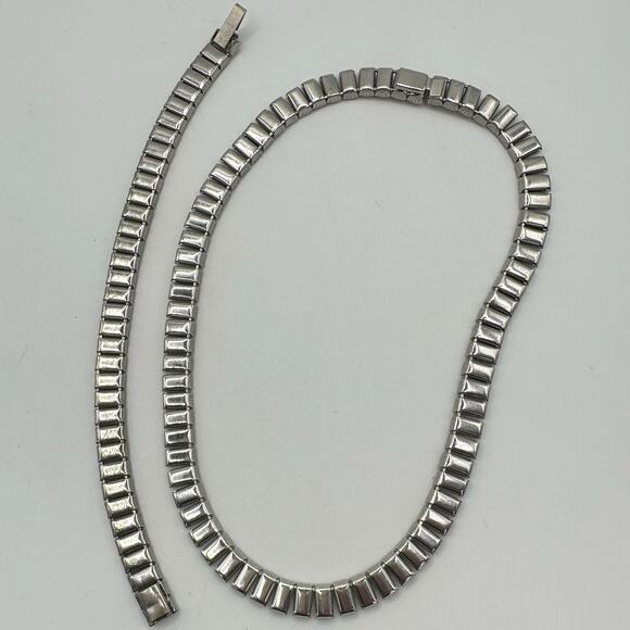 Antique Art Deco rhodium plated clear rhinestones tennis bracelet necklace - Picture 7 of 10